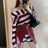 Anokhinaliza Autumn New Skew Collar Strapless Contrast Color Striped Loose Long-sleeved T-shirt Women + Leather Skirt Two-piece Suit