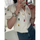 Anokhinaliza V-neck Contrast Color Cardigan Floral Embroidery Loose Short Puff Sleeve Sweater Crop Top Korean Fashion Womens Clothing