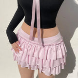 Anokhinaliza Pink Bow Pleated Mini Skirts Y2k Solid A-line Skirts Kawaii Lolita Ruffle Skirts Sexy Ballet Skirts Casual Short Dress For Women