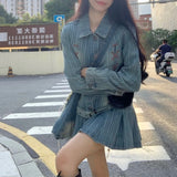 Anokhinaliza Korean Retro Lace-up Pleated Casual Long-sleeved Dress Women 2024 Spring New Polo Collar Loose Distressed Denim Dress with Belt