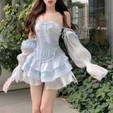 Anokhinaliza Off-shoulder Bow Lace Up Sexy Slim Long-sleeved Dress Women Autumn New Japanese Contrast Color Patchwork Cute Party Dress