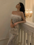 Anokhinaliza Sexy Sequined Bodycon Runway Party Dress Sleeveless Fur Feather Patchwork Robe Women Spring Summer Prom Club Clothes Mujers