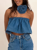 Anokhinaliza Street Denim Strapless Vest Women Elastic Neck Off-shoulder Backless Loose Tank Top With Flower Necklace Jeans Vintage Wear