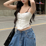 Anokhinaliza Vintage Lace Splicing White Casual Irregular Camisole Women 2024 Summer New Korean Single-breasted Sexy Slim Crop Tops