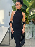 Anokhinaliza Fashion Elegannt Backless Bandage Black Long Dresses for Women 2024 Halter Neck Off Shoulder Bodycon Shiny Party Evening Dress