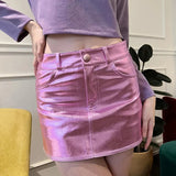 Anokhinaliza Summer Autumn Pink Silver Reflective Shiny Patent Leather Mini Skirts for Women High Waist A Line Short Sexy Y2K Clothes