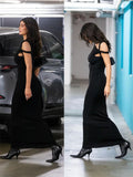 Anokhinaliza Black Long Dress Female Slim High Waist Off-Shoulder Fashion Elegant Evening Partywear Dress Solid One-Shoulder Maxi Dress