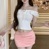 Anokhinaliza Off-shoulder Ruffled Lace Up Sexy Slim Short-sleeved T-shirt Women  Summer New Korean Solid Color All Match Crop Tops