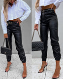 Anokhinaliza Women Elastic Solid Color Pencil Pants PU Leather High Waist Cuffed Pants Autumn Winter Fashion Casual