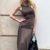 Anokhinaliza Brown Ruched Maxi Dress for Women Elegant Sleeveless Slim Evening Party Dresses Summer Fashion Bandage Holiday Outfits