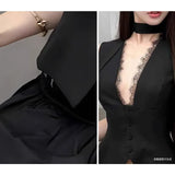 Anokhinaliza 2024 Summer New Korean V-neck Lace Splicing Sexy Irregular Camisole Women + High Waist Pleated Black Bud Skirt Two-piece Suit