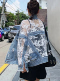 Anokhinaliza Embroidered Perforated Women's Denim Jacket, Women's Summer Lace Patchwork Sun Protection Suit Woman Coat Jean Jacket For Women