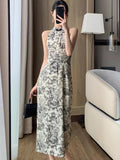 Anokhinaliza Summer New Vintage Print Sleeveless Midi Dresses for Women Fashion Slim Female Vestdios Lady Elegant Party Bodycon Clothing