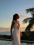 Anokhinaliza Irregular Wave Sexy Long Dresses Women Fashion White Hollow Out Knitted Sling Maxi Dress Elegant Chic Party Beach Robe 2024 New