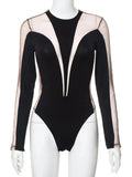 Anokhinaliza New 2024 Long Sleeve Mesh Patchwork Bodysuit Women O-neck See-through Sexy Tops One Piece Night Club Outfit T-shirt Streetwear