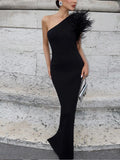 Anokhinaliza One Shoulder Feather Dress Black Sexy Fur Collar Party Socialite Evening Robes Women Slimming Wrap Hip Fishtail Long Dresses