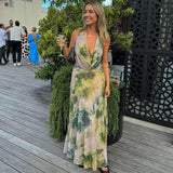 Anokhinaliza Tie Dye Green Print Two Piece Skirt Set Women Deep V Maxi Long Skirt And Top Vacation 2024 Summer Beach Dresses