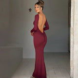 Anokhinaliza Sexy Black Open Back Party Elegant And Pretty Women‘s Dresses Long Sleeve Bodycon Maxi Dress Evening Gown