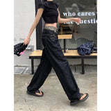 Anokhinaliza American Contrast Color Leopard Print Patchwork Casual Jeans Women 2024 Autumn New Fake Two-piece Loose Denim Wide Leg Pants