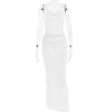 Anokhinaliza Sexy 2 Pieces Set Women Outfit Crop Top And Long Skirt Sets See Through Lace Mesh Patchwork Y2K White Dresses Suits