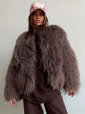 Anokhinaliza Luxury Retro Faux Fur Women's Coat Winter Warm Thick Windproof Coats Fashion Plush Solid Color Round Neck Women Outerwears