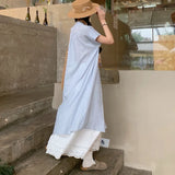 Anokhinaliza Summer New Korean Single-breasted Loose Striped Short-sleeved Dress Women + Casual White A-line Skirt Two-piece Suit