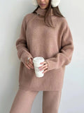 Anokhinaliza Fashion Turtleneck Zipper Knitted Sweater Suit For Women Fall Winter Casual Loose Solid Top Trousers Matching Sets