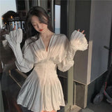 Anokhinaliza White Shirts V-Neck Pleated Short Dresses Elegant Casual Female Loose Lantern Full Sleeve Sexy Office Chiffon Mini Dress