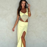 Anokhinaliza Two Piece Summer Outfits Women Mesh Patchwork Ruffle Split Long Skirt And Crop Top Sexy Yellow Vacation Dress Y2K