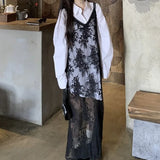 Anokhinaliza Floral Lace Black Transparent Dresses Women Sexy Long Dress Korean Sleeveless Holiday Dress Vacation Streetwear Party