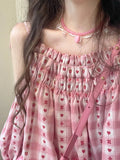 Anokhinaliza Sweet Pink Print Tops Women Japanese Kawaii Lolita Wide Leg Short Sets Female Summer Off Shoulder Lace Up Blouse Two Piece Set