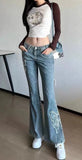 Anokhinaliza Y2K Women Vintage Sweet Blue Flare Jeans Harajuku Butterfly embroidery Straight Trousers High Waist Denim Female Kawaii Clothes