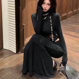 Anokhinaliza Autumn New Korean Hollow Lace Splicing Black Long-sleeved T-shirt Women + High Waist Casual Mid-length Skirt Two-piece Suit