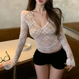 Anokhinaliza V-neck Lace Splicing Sexy Slim Long-sleeved T-shirt Women 2024 Autumn New High Street Fashion All Match Crop Tops