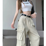 Anokhinaliza Women Vintage Beige Apricot Cargo Pants Fashion Many Pocket Straight Mopping Pants High Street Y2K Baggy Wide Leg Trouser Ladies
