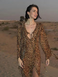 Anokhinaliza Chiffon Ruffle Leopard Print Long Dress Women's Fashion Deep V Slit Long Sleeves Slim Sexy Strappy Summer Long Dress 2024