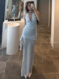 Anokhinaliza Deep V Neck Slim Maxi Dresses For Women Mesh Splice See Through Folds Long Dress Femme Side Slit Sexy Evening Dress Woman