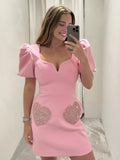 Anokhinaliza Women's V-neck Puff Sleeve Sequins Patchwork Pink Dress High Street Elegant Sweet High Waist Tunics Short Evening Party Dresses