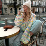 Anokhinaliza Fashion Ladies V-Neck Long Sleeve Cardigan Autumn Streetwear Loose Coats Elegant Rainbow Crochet Hollow Knitted