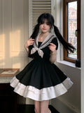 Anokhinaliza Black Dress Women Bow Japanese Cute Lolita Dress Women Sweet lace Puff Sleeve Student Dresses Party Sailor Collar Kawaii Dress