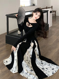 Anokhinaliza Vintage Knitted Patchwork Floral Dress Irregular Design Sense Hepburn Wind Sweet Fashion Slim Summer New Black Long Dresses