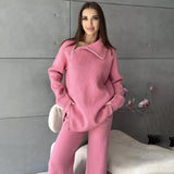 Anokhinaliza Fashion Turtleneck Zipper Knitted Sweater Suit For Women Fall Winter Casual Loose Solid Top Trousers Matching Sets