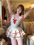 Anokhinaliza Summer Dress Woman Lolita Sweet Polka Dot Flying Sleeve Dress Bow Ruffles Patchwork Slim Stretch Sexy Elegant Mini Dress Female