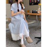 Anokhinaliza Summer New Korean Single-breasted Loose Striped Short-sleeved Dress Women + Casual White A-line Skirt Two-piece Suit