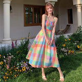 Anokhinaliza New Women Summer Spaghetter Strap Dress Boho Rainbow Plaid Slash Neck Long Dresses Lady Graceful Beach Travel Camisole Robe