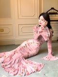 Anokhinaliza Elegant Mermaid Flare Sleeve Long Dresses Vintage Sexy Bodycon Pink Print Evening Club Robe Women Spring Summer Vestidos