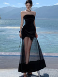 Anokhinaliza Elegant Black Strapless Wedding Evening Party Dresses Women Black Mesh Patchwork Sexy New Summer Y2K Korean Fashion Vestidos