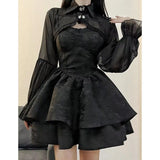 Anokhinaliza Black Sexy Lolita Dress Women Gothic Vintage Harajuku Halloween Cosplay Costumes Long Sleeve Fairy Dress Women's Two Piece Set