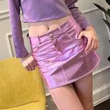 Anokhinaliza Summer Autumn Pink Silver Reflective Shiny Patent Leather Mini Skirts for Women High Waist A Line Short Sexy Y2K Clothes