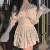 Anokhinaliza White Shirts V-Neck Pleated Short Dresses Elegant Casual Female Loose Lantern Full Sleeve Sexy Office Chiffon Mini Dress